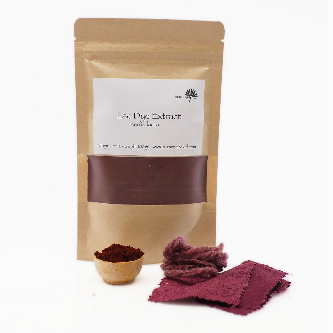 Lac Dye Extract packaging with a sample of dyed fabric on a white background