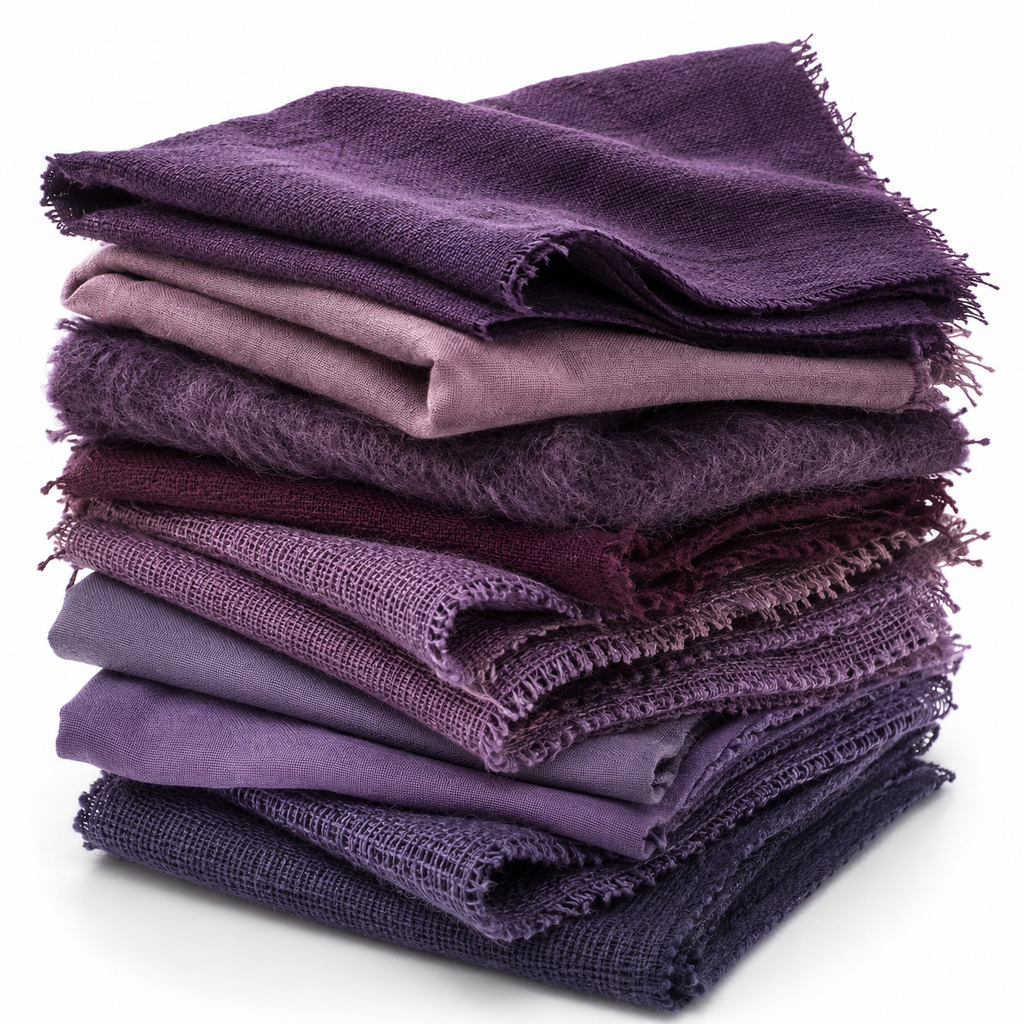 Stack of folded purple fabric swatches on a white background