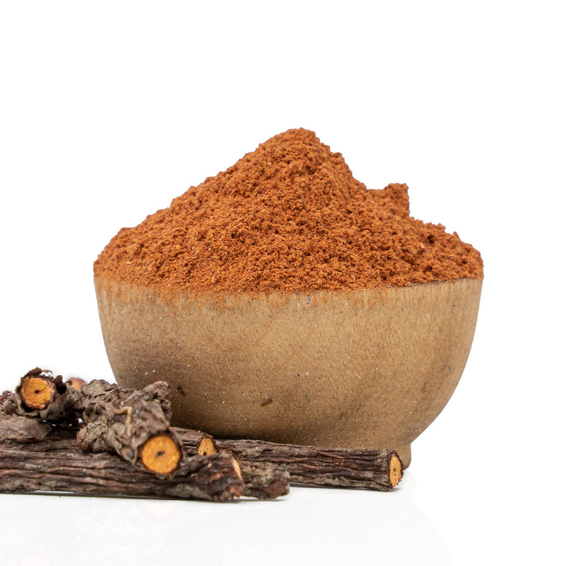 Brown Madder Roots Powder PREMIUM (Rubia Tinctorum) Organic in a wooden bowl with dried roots on a white background