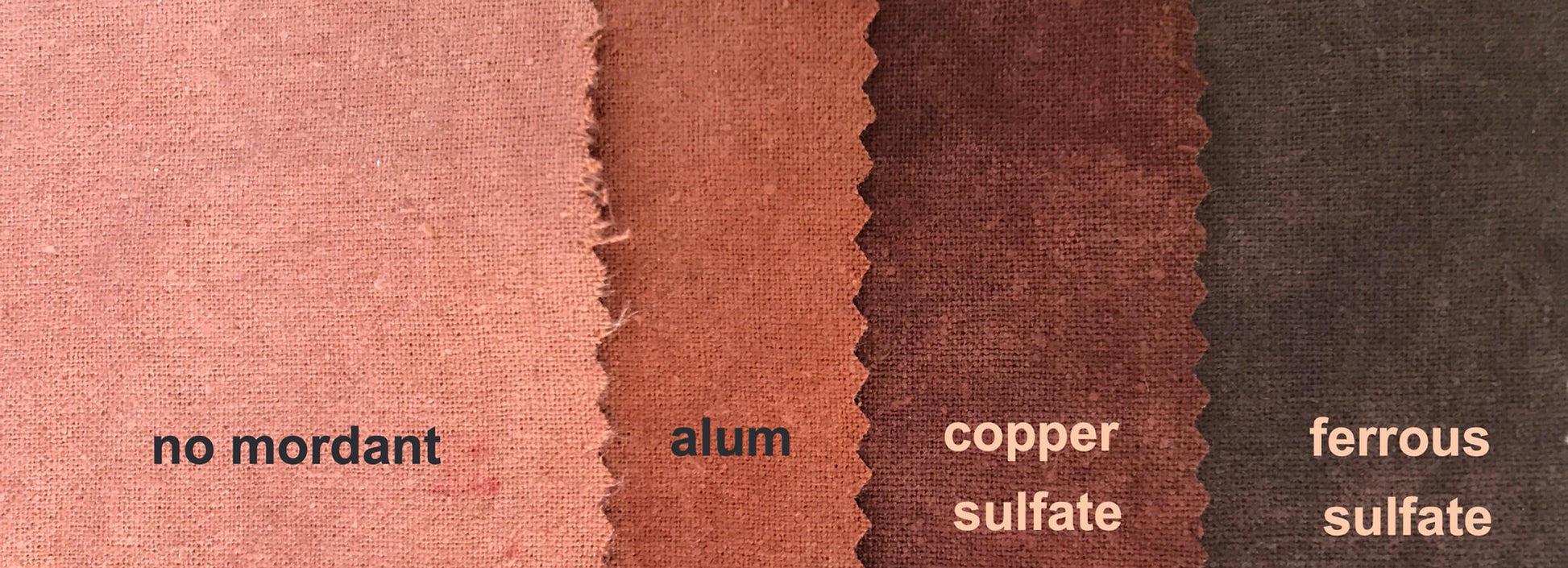 Color swatches labeled 'no mordant', 'alum', 'copper sulfate', and 'ferrous sulfate' on a brown background.