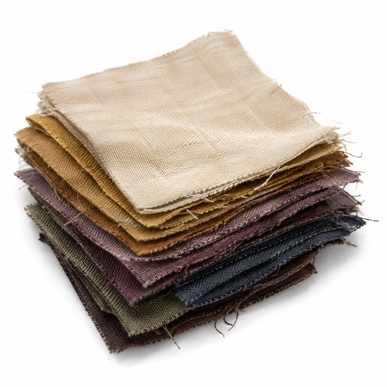Stack of fabric swatches in various earthy tones on a white background