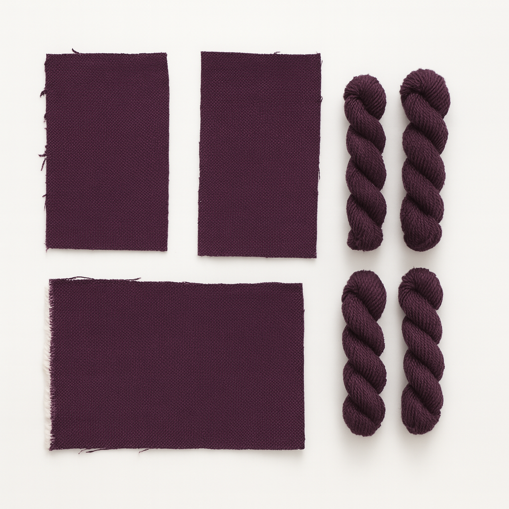 Three rectangular pieces of dark purple fabric and four skeins of dark purple yarn on a white background
