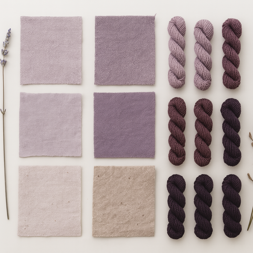 Fabric swatches and yarn samples arranged on a white background