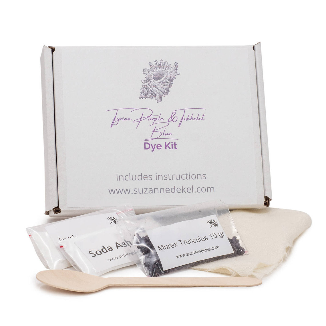 natural dye store dye kit with packaging, soda ash, murex trunculus, and a wooden spatula on a white background.