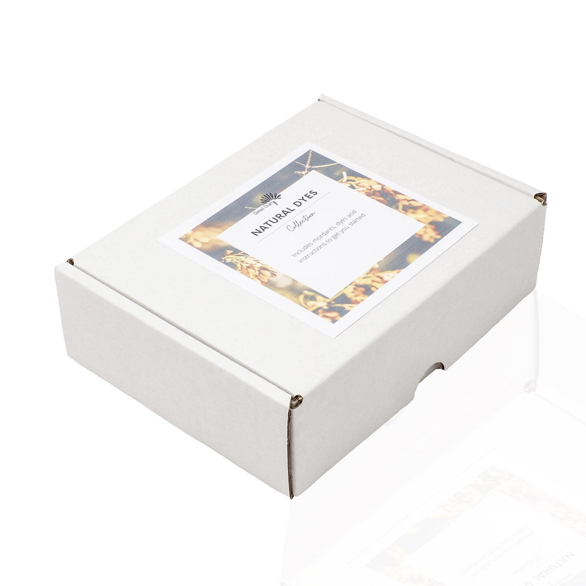 White box Natural Dye Powder Starter Kit (incl basic instructions) with a label on a white background