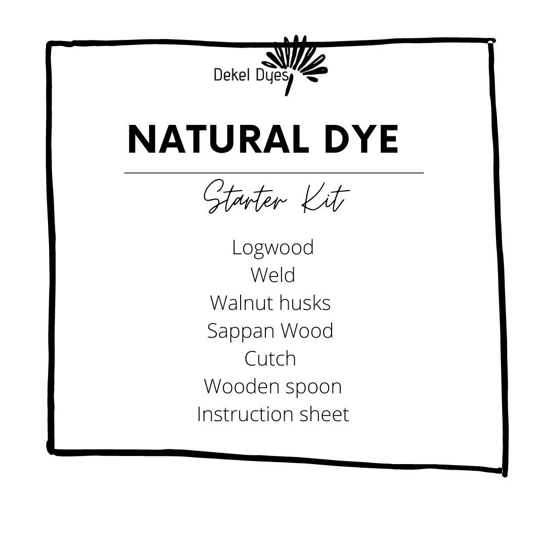 Dekel Dyes Natural Dye Starter Kit list with ingredients and tools on a white background
