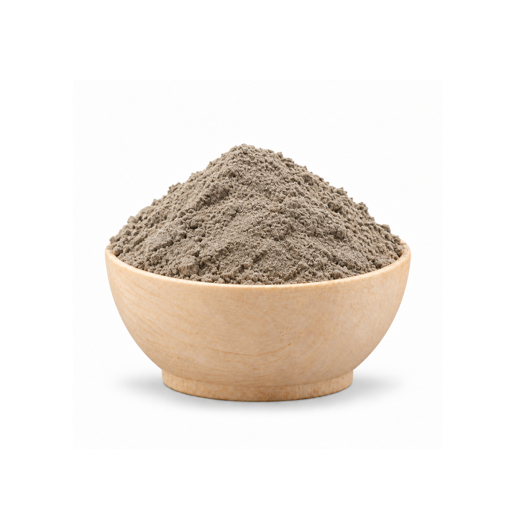 Bowl filled with oak gall extract on a white background