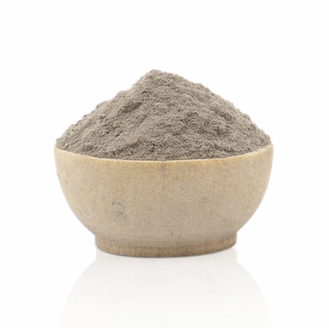 Bowl filled with oak gall extract on a white background
