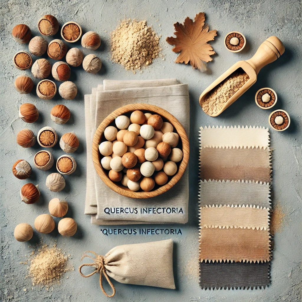 Collection of natural materials including nuts, seeds, and fabric swatches on a gray surface.