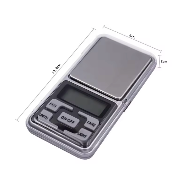 Digital pocket scale with dimensions on a white background