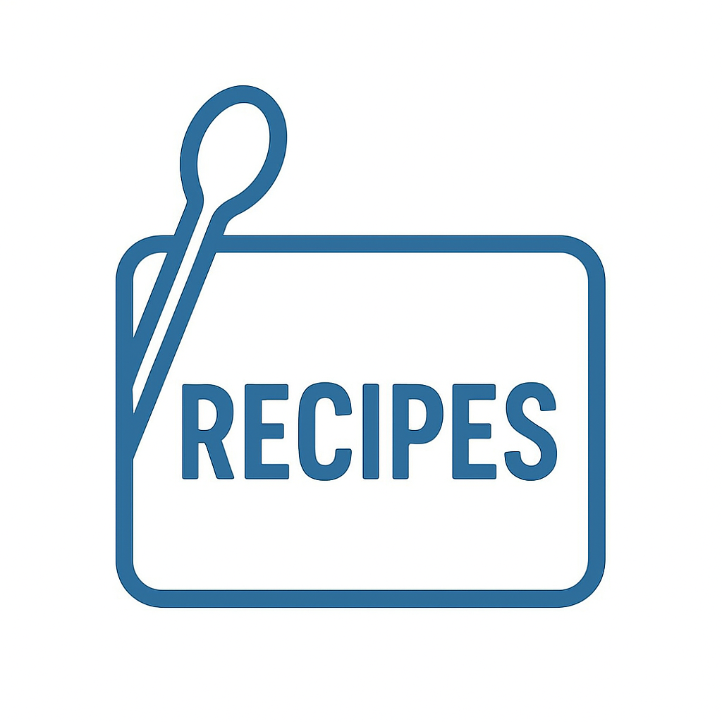Blue icon of a cutting board with a spoon and 'RECIPES' text on a white background