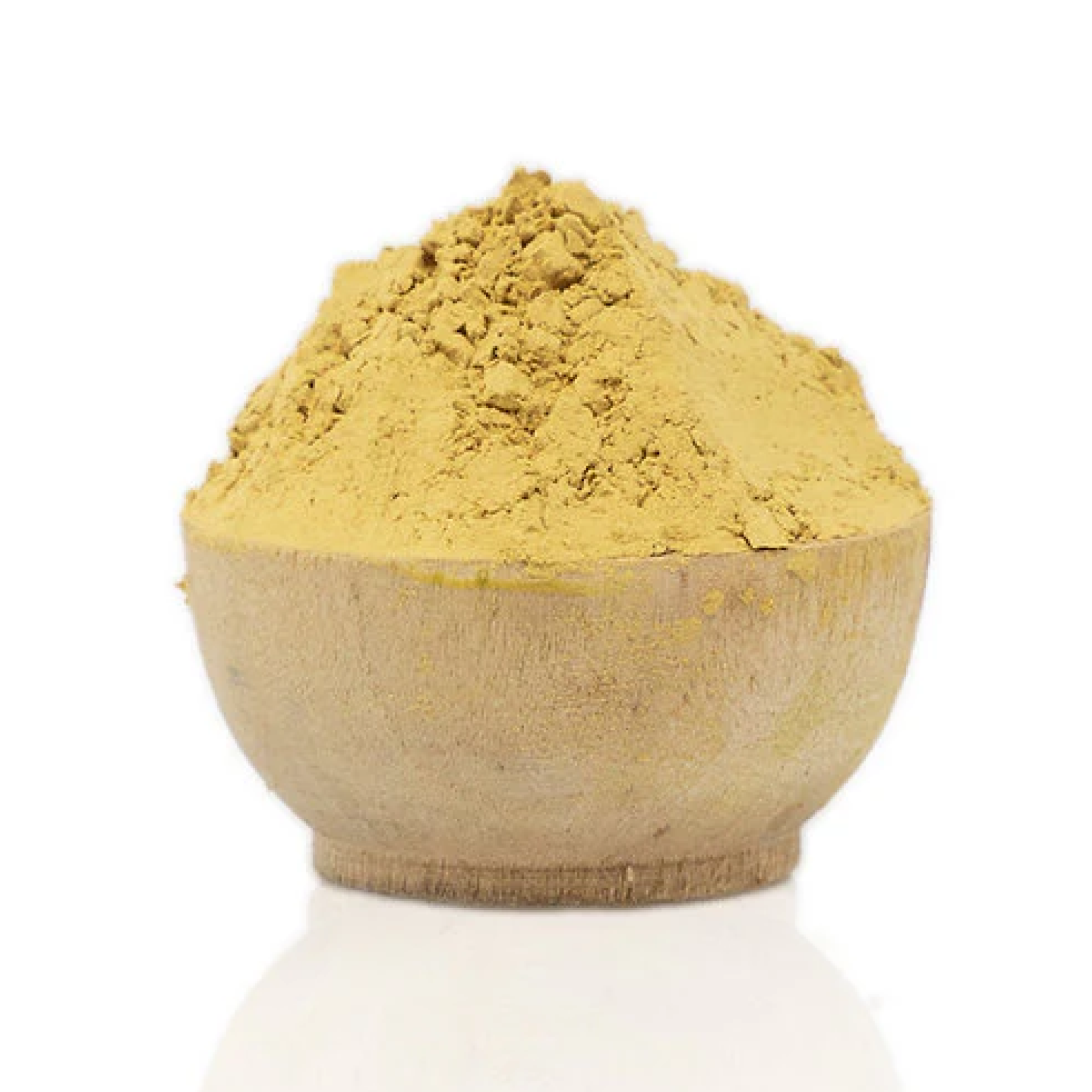 Wooden bowl filled with yellow powder on a white background