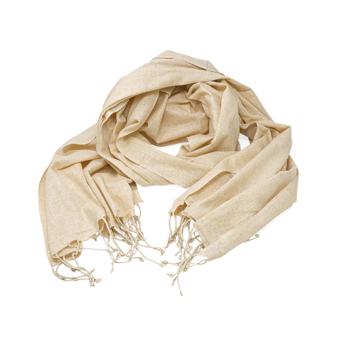 Beige silk scarf with tassels on a white background
