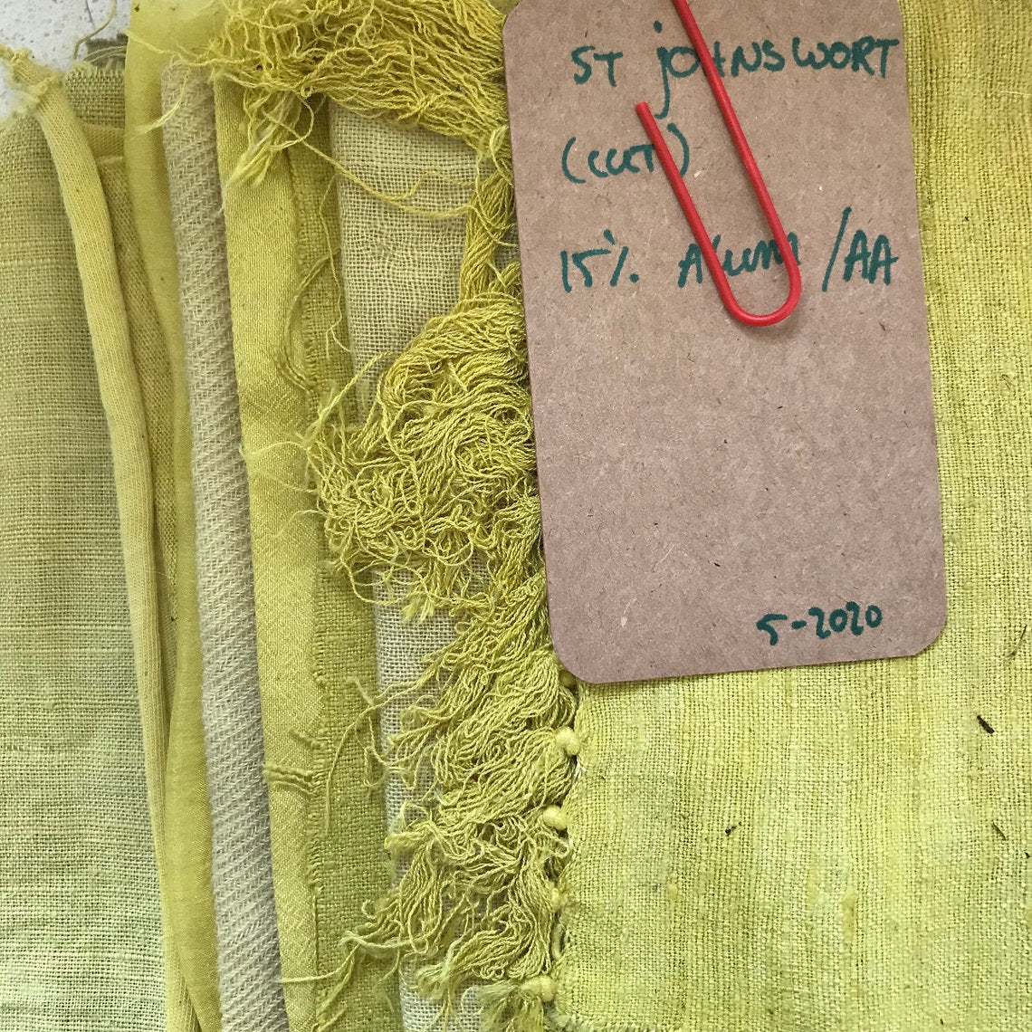 Close-up of green fabric dyed St. Johnswort (Hypericum perforatum) with frayed edges and a label on a matching green background.