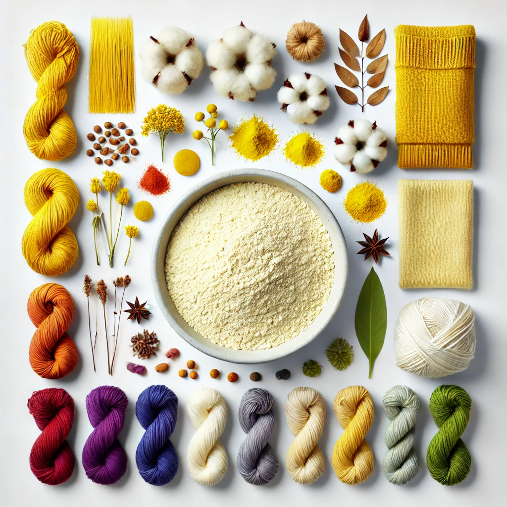 Colorful yarn skeins, cotton bolls, and a bowl of flour on a white background