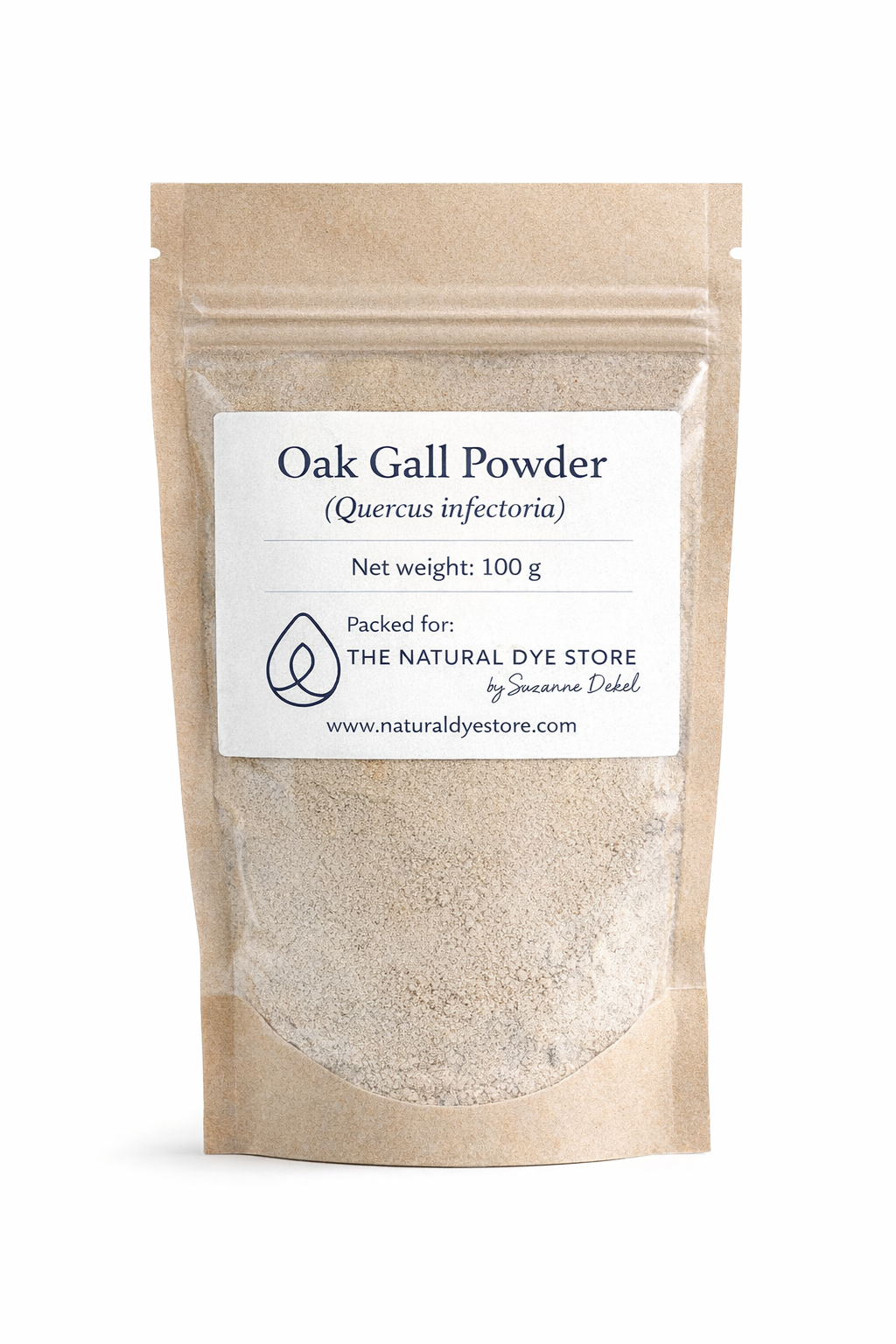 Bag of Oak Gall Powder with a label on a white background
