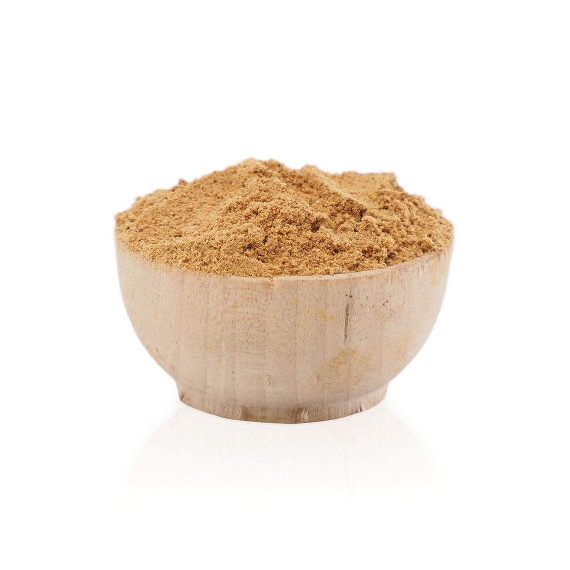 Wooden bowl filled with brown powder on a white background