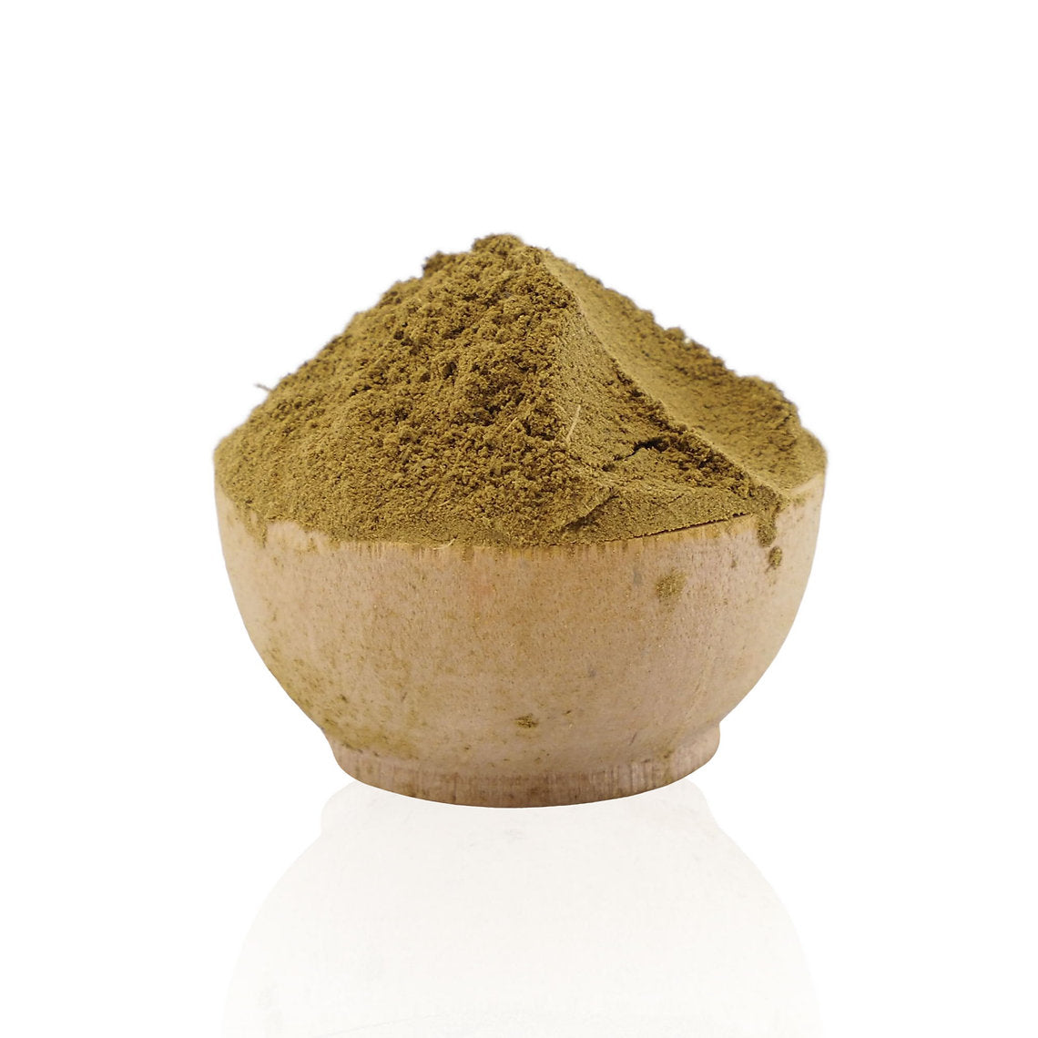 Bowl of green powder on a white background