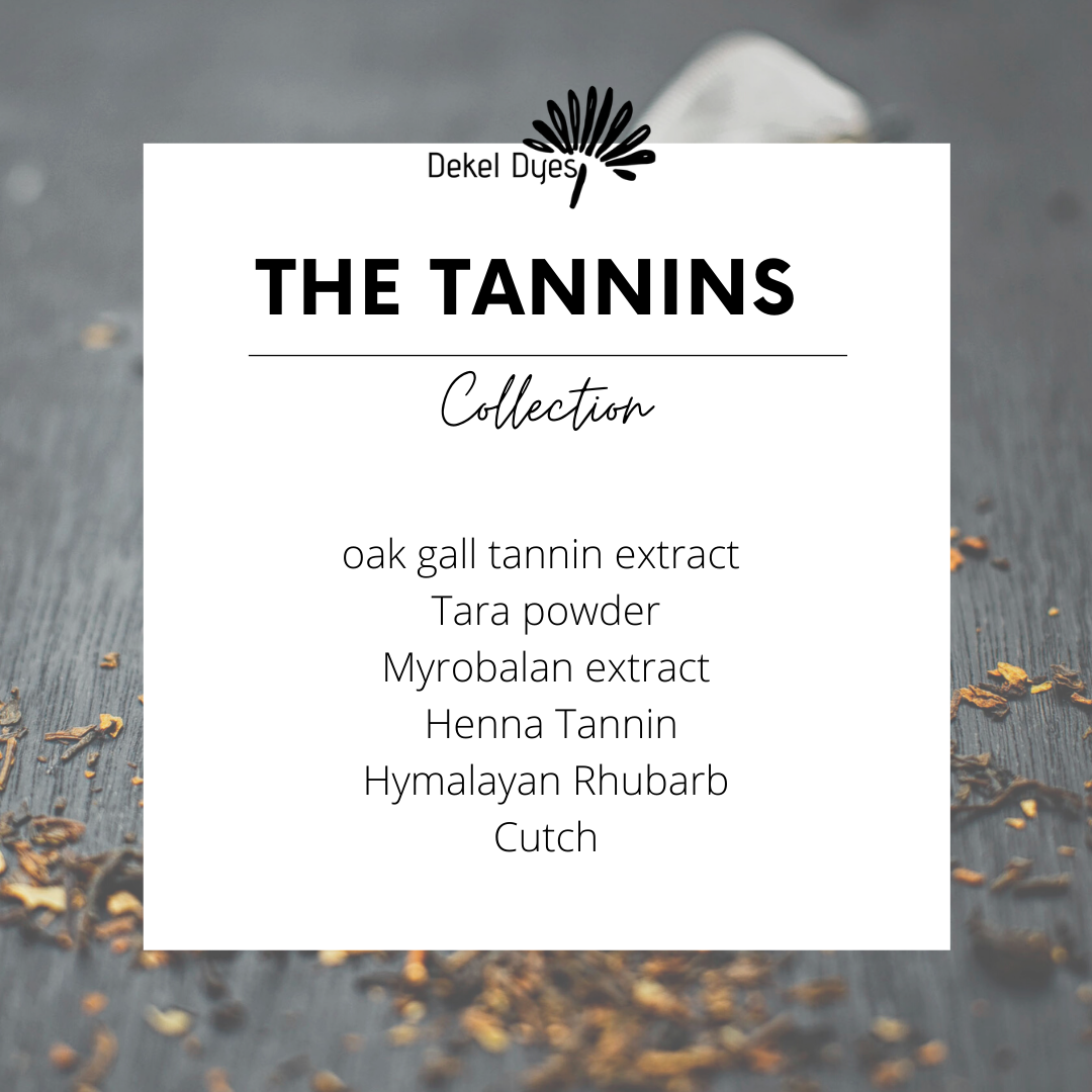 NaturalDyeStore The Tannins Collection with listed products on a dark background