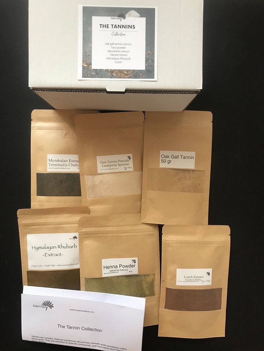 Collection of brown paper bags with labels and a white box labeled 'The Tannins' on a black background.