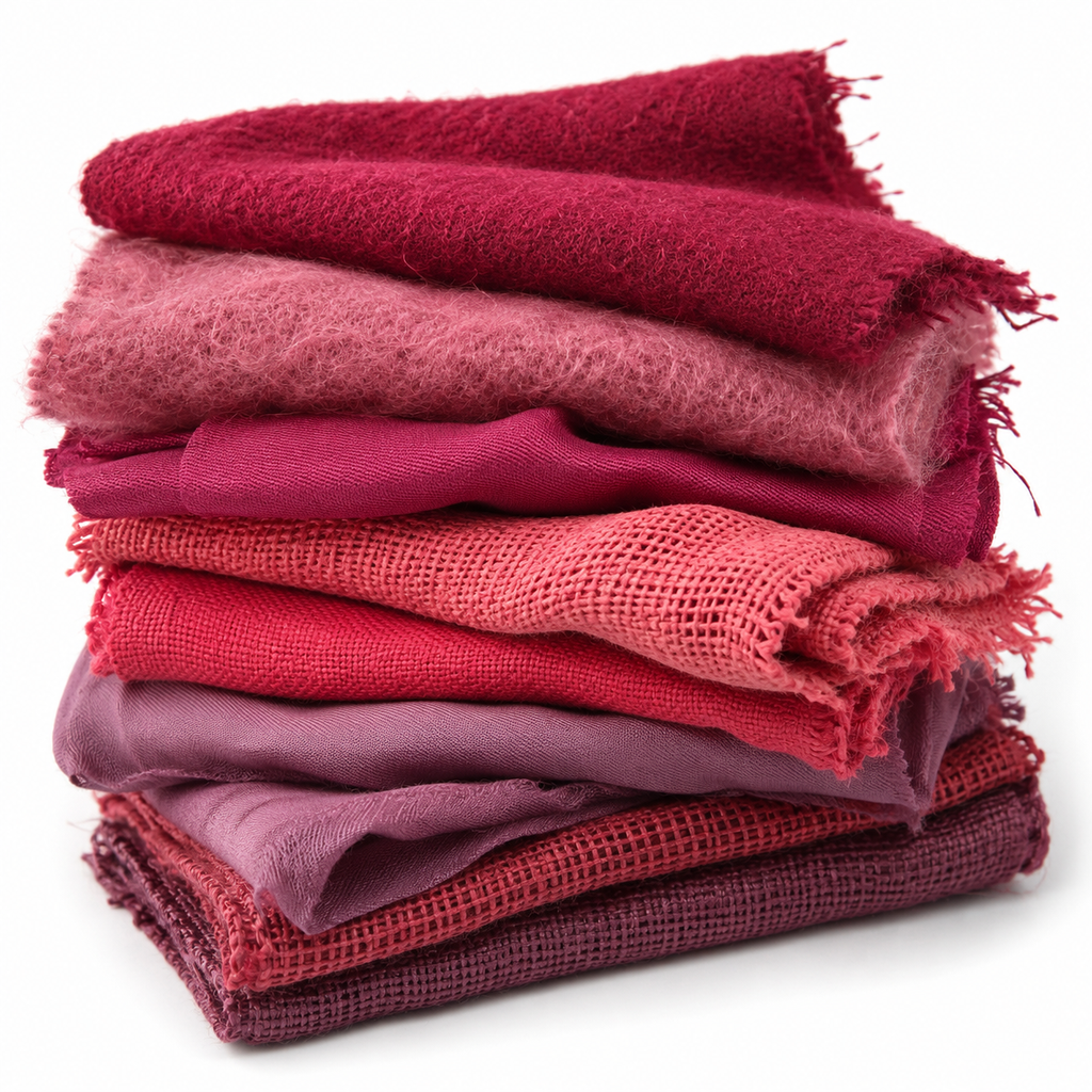 Stack of red and pink fabric on a white background