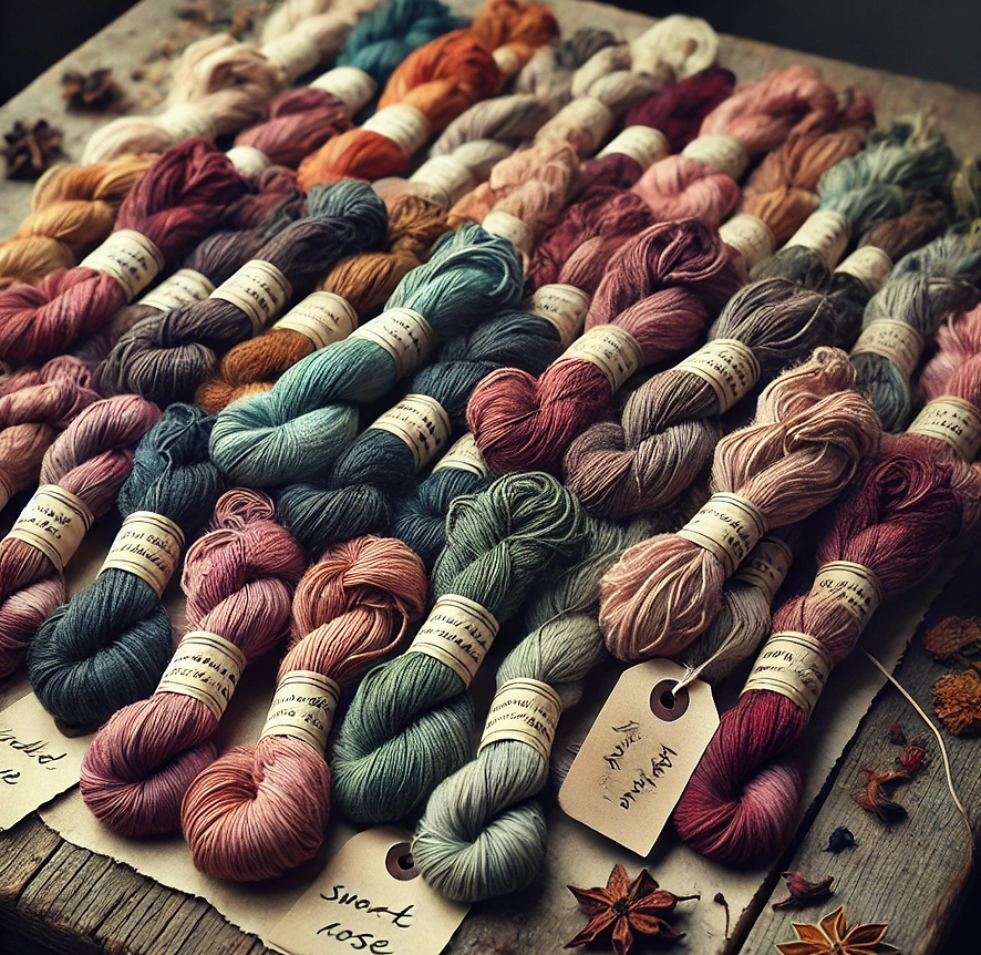Assorted colorful yarn skeins on a wooden surface with star anise.