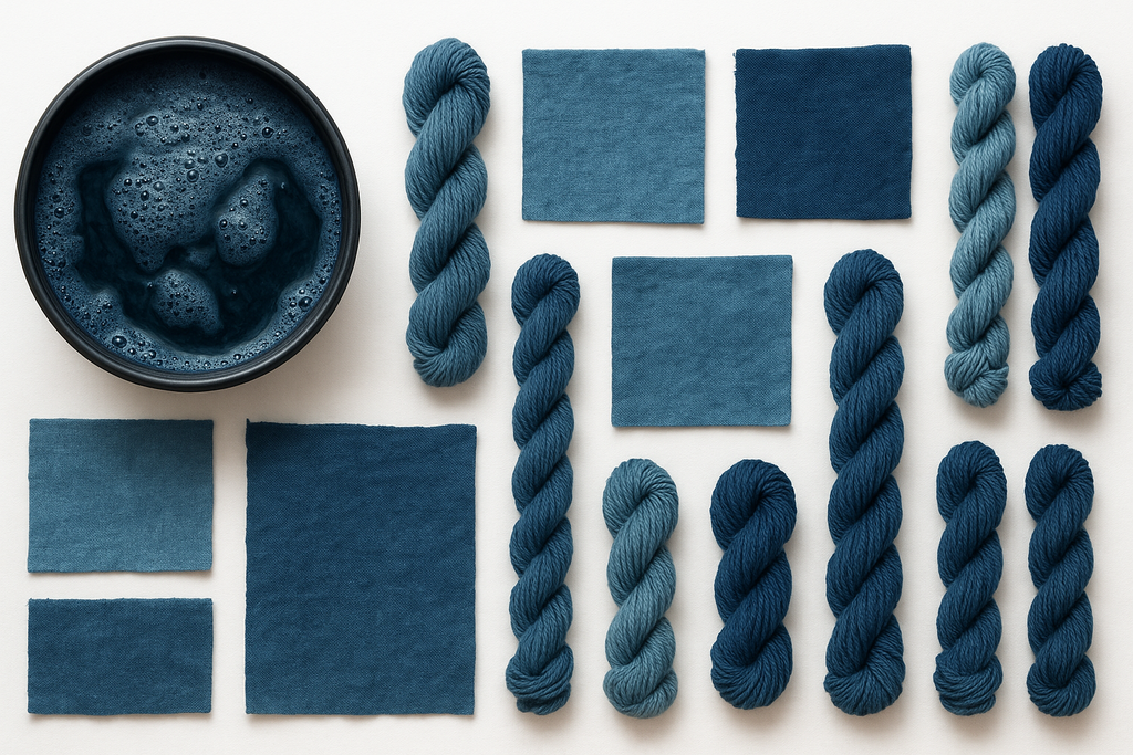 Collection of blue yarn and fabric swatches on a white background