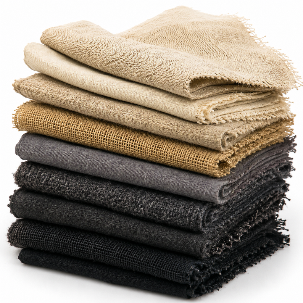 Stack of folded fabric swatches in beige, brown, gray, and black on a white background
