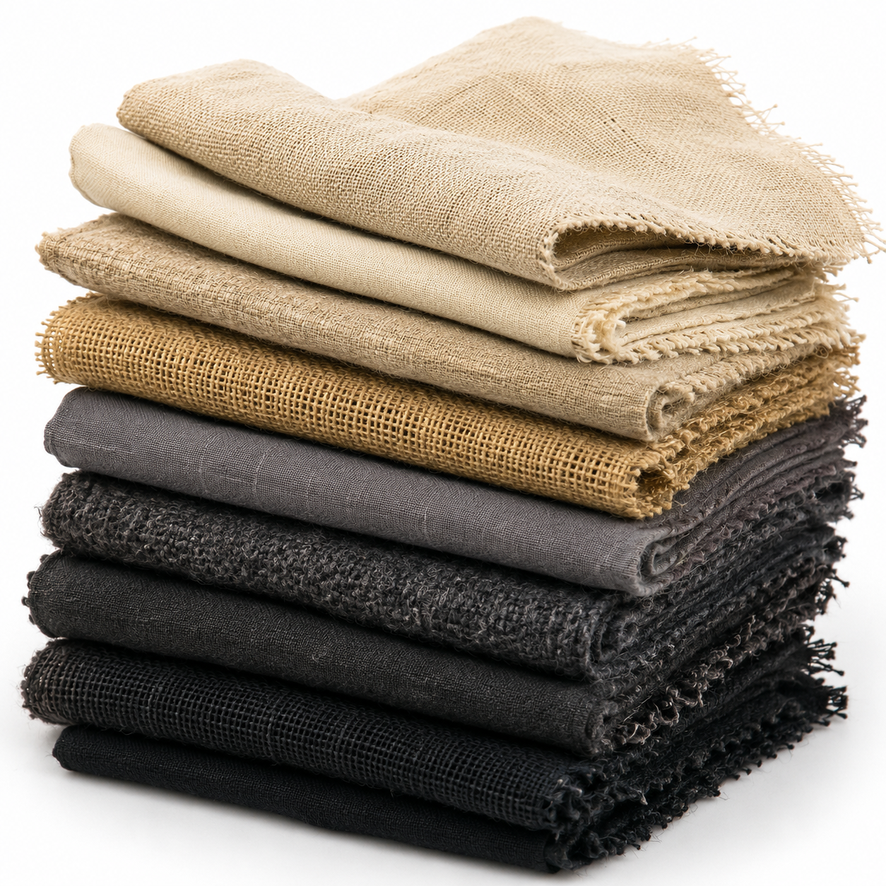 Stack of folded fabric swatches in beige, brown, gray, and black on a white background