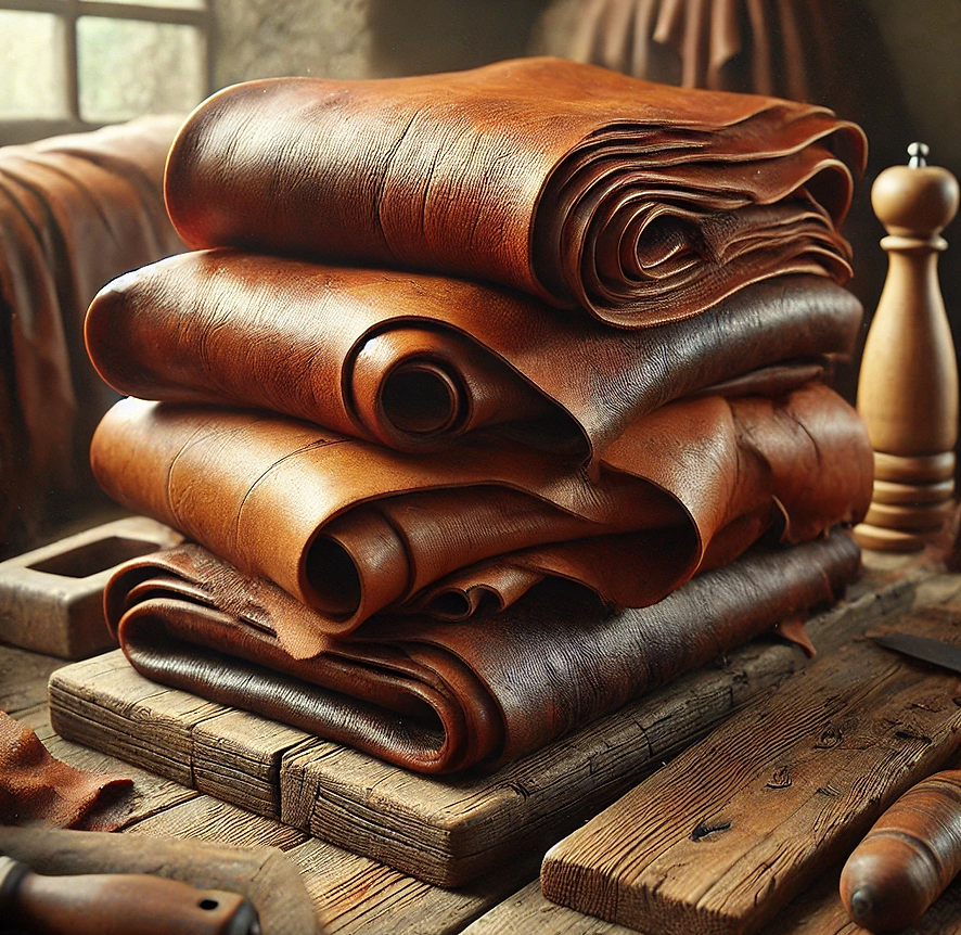 Stack of brown leather sheets on a wooden surface with tools in the background