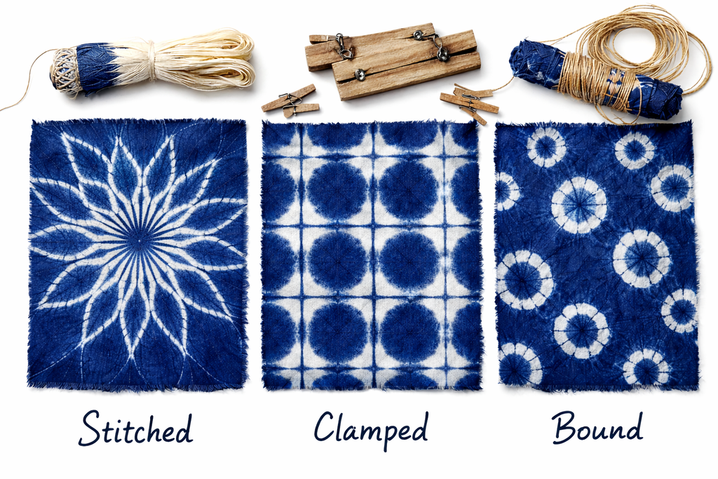 Three blue fabric samples with different patterns and text labels on a white background.